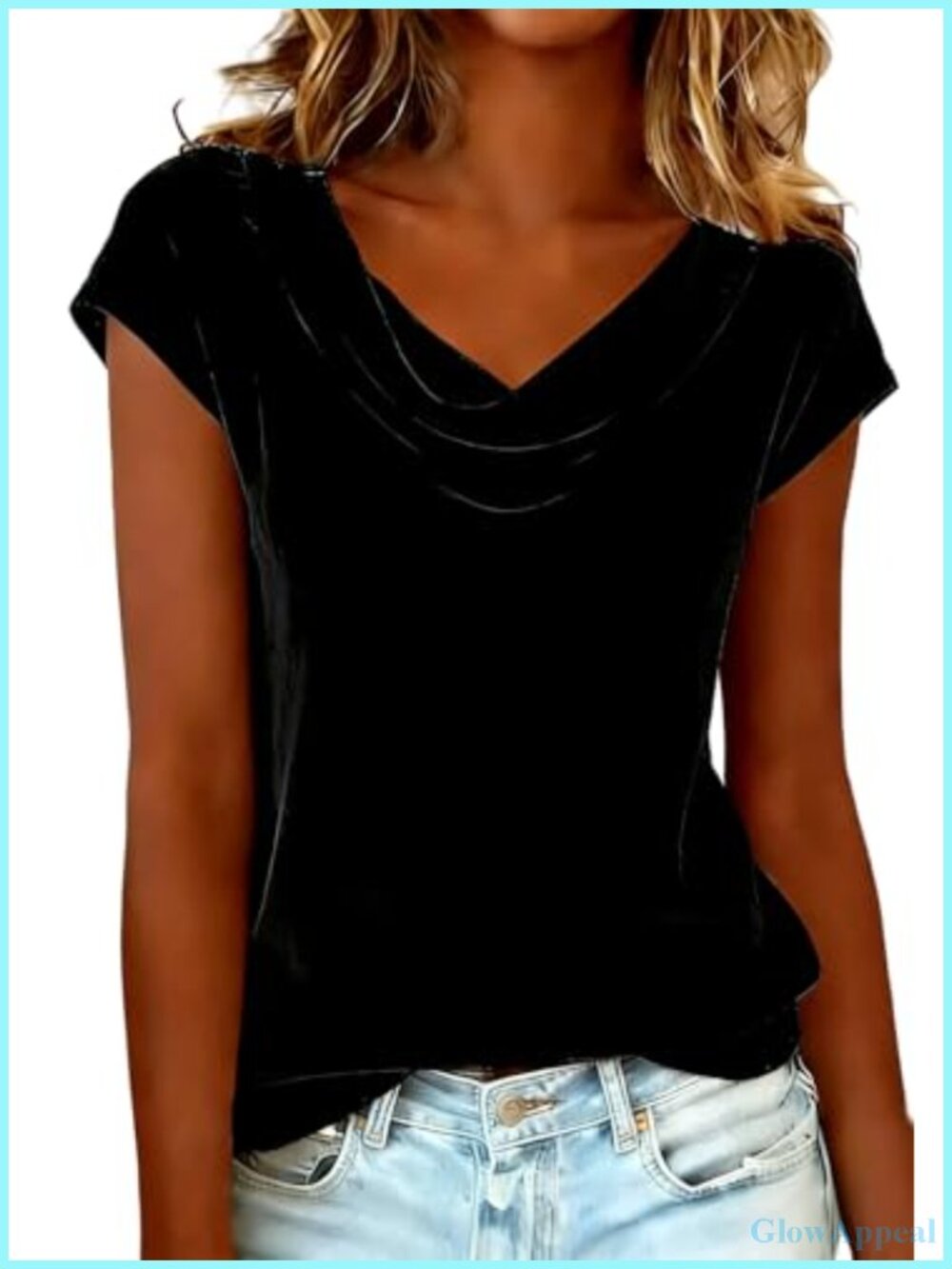 Velvet Cowl Neck Blouse Short Sleeve Dressy Casual Top